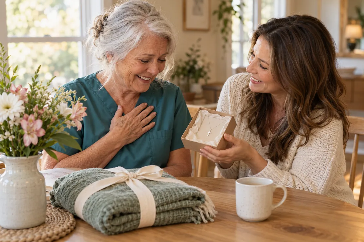 Smiling woman in teal scrubs touching her chest as another woman shows her a cross necklace in a gift box