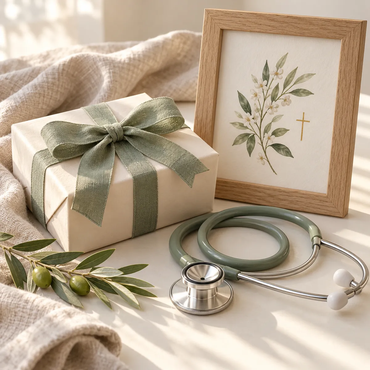 Wrapped gift with sage ribbon beside a framed floral print with a gold cross, a stethoscope and an olive sprig
