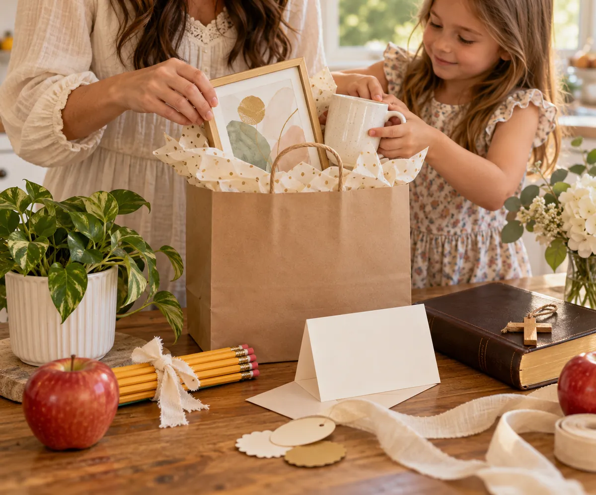 Woman and girl packing a kraft gift bag with a mug and framed print beside pencils, an apple and a blank card