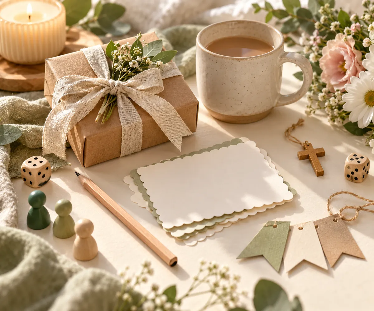 Kraft gift box with linen ribbon beside a mug of tea, scalloped blank card, wooden cross, dice and flowers