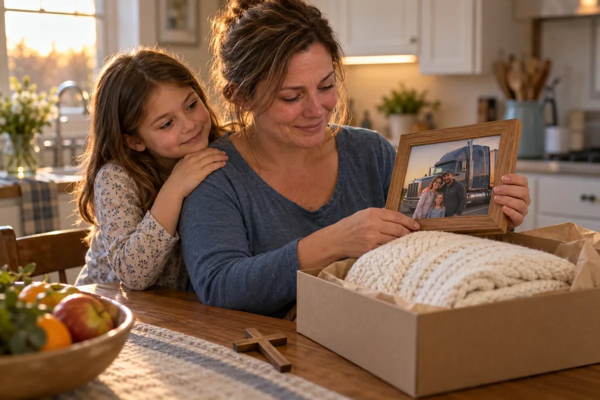 Woman and young girl at a kitchen table holding a framed family photo with a semi truck beside a gift box with a knit blanket