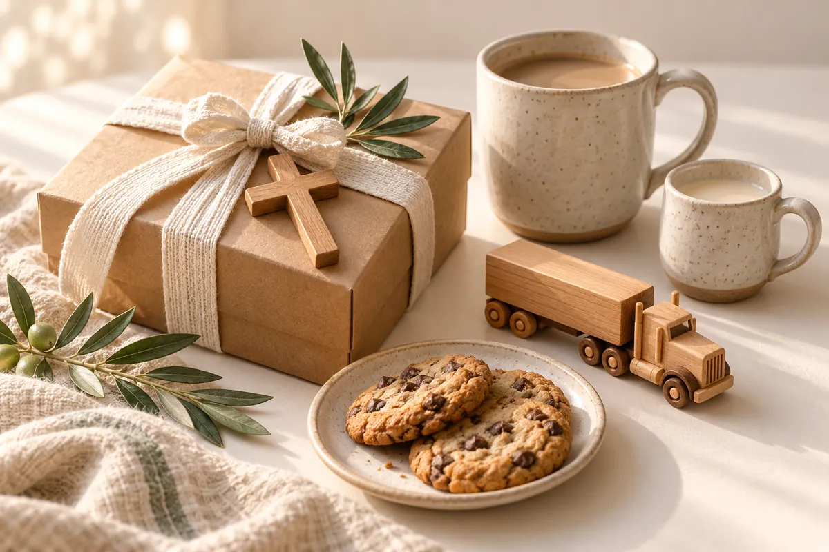 Kraft gift box with a wooden cross and olive sprig, speckled mugs, chocolate chip cookies and a wooden toy truck