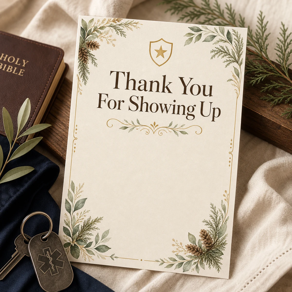 Thank You For Showing Up — An appreciation card for a first responder, from family, church or community
