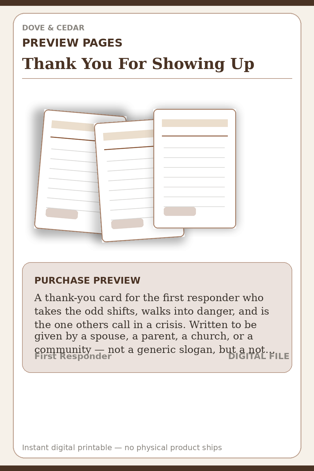 Thank You For Showing Up — First Responder Appreciation Card Preview Pages